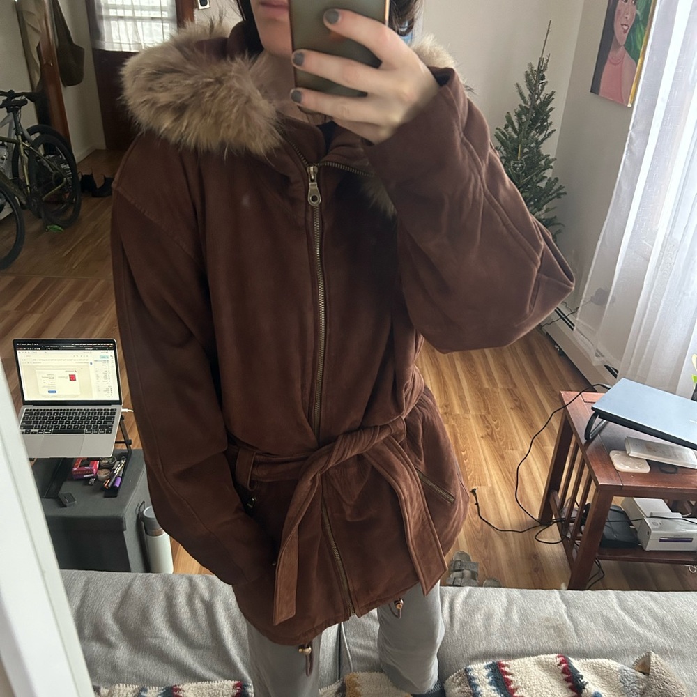 Vintage Andrew Marc Genuine leather brown jacket with fur hood medium